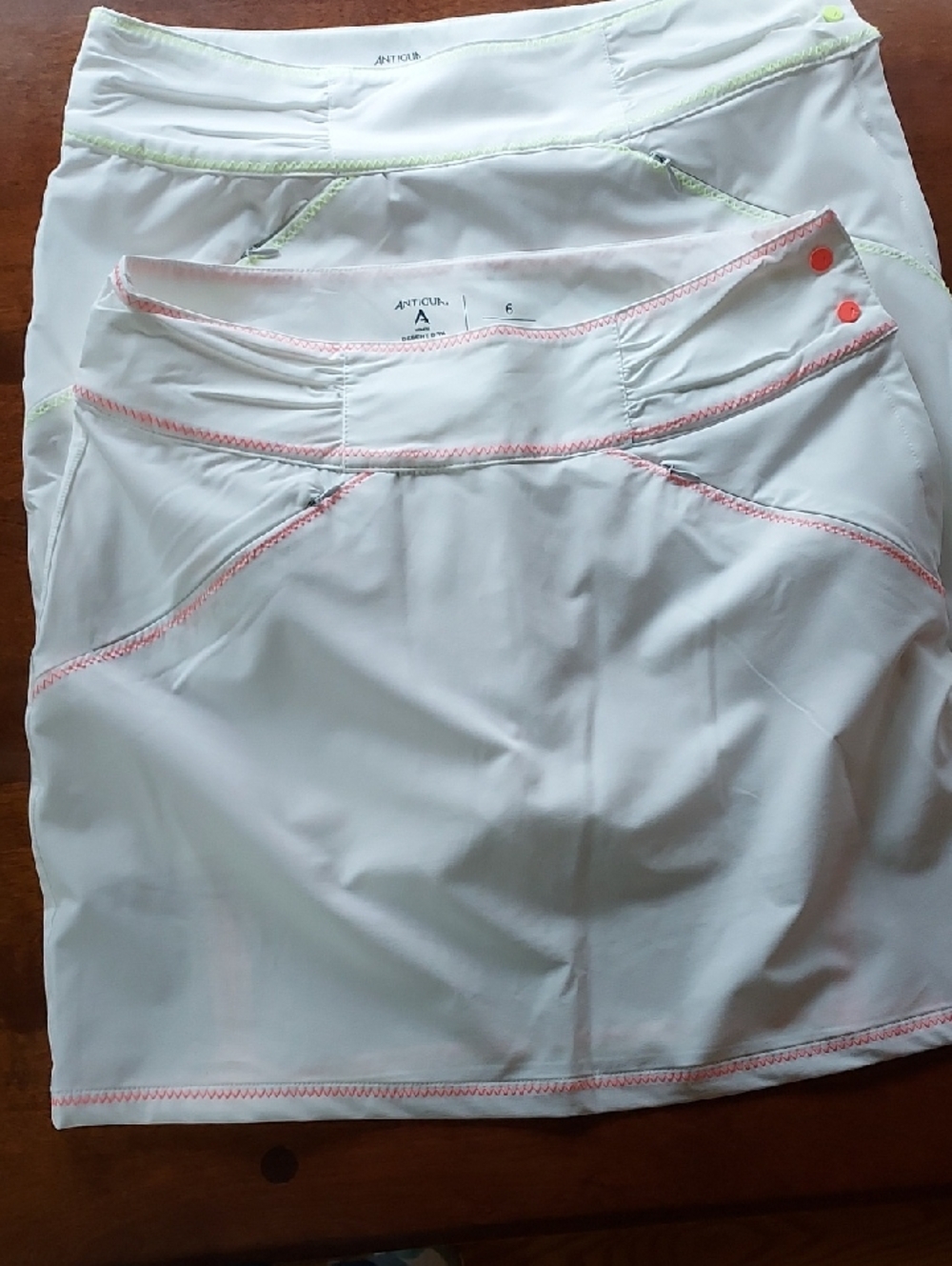 2 Antigua White Athletic Skorts with Pink Topstitching & Neon Yellow